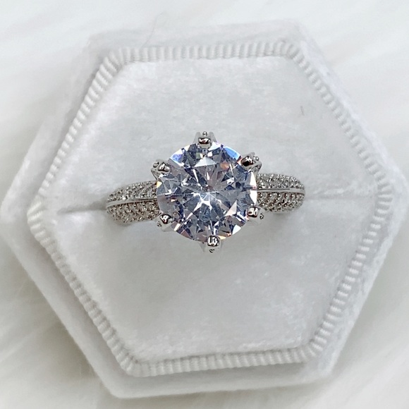 14k white gold ring 4 CT diamond crown pave halo wedding engagement - Picture 2 of 11